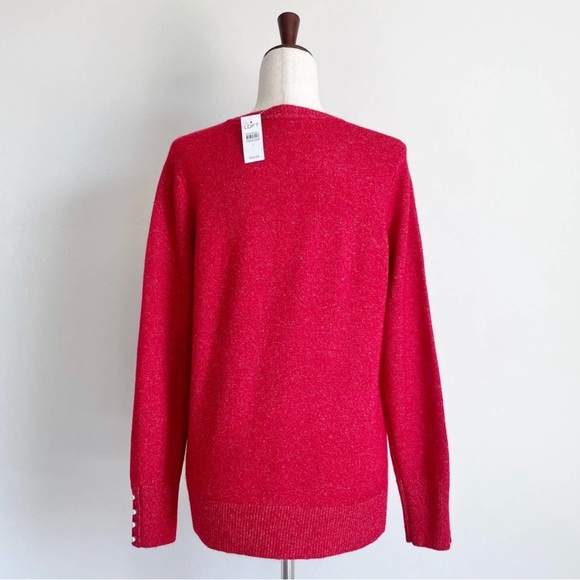Loft Red Pearl Button Cuff Holiday Red Knit Sweater NWT - Picture 3 of 7